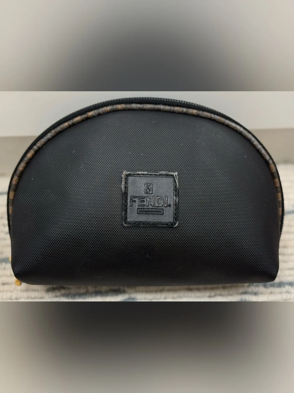 FENDI Vintage 90’s Signature Pequin Black Nylon Half-Moon Clutch/Cosmetic Pouch